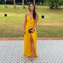 Fivsole V-neck Orange Spaghetti Straps Evening Dresses 2022 Sexy Side Split Pleat Prom Gowns Long Abendkleider Robes De Soirée (4)