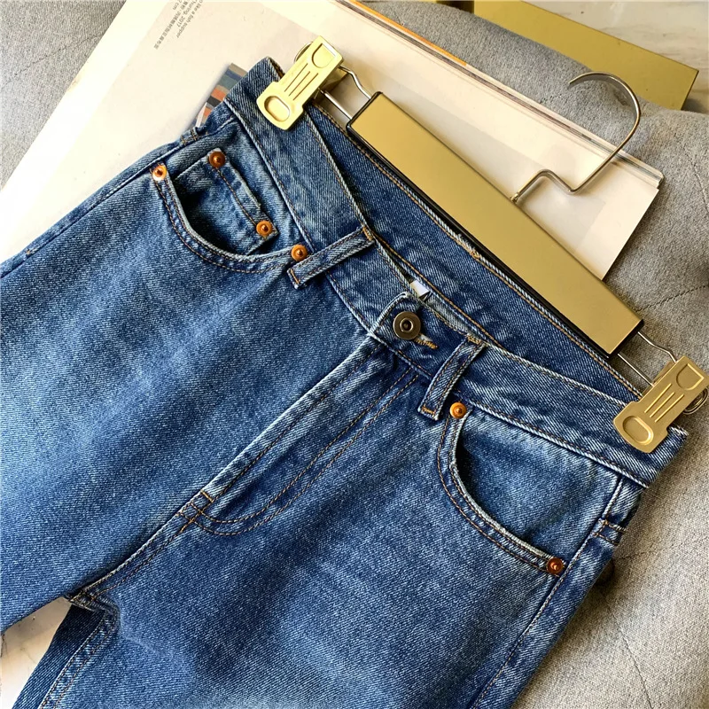 Женские джинсы скандинавские потертые синие с высокой талией | Женская одежда