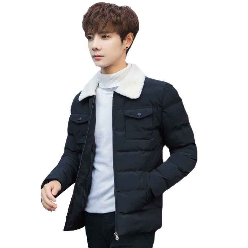 

Зимний новый стиль, корейский стиль, приталенная, модная, с меховым воротником, хлопковая стеганая одежда, мужская, стильная, с несколькими карманами, с хлопковой подкладкой
