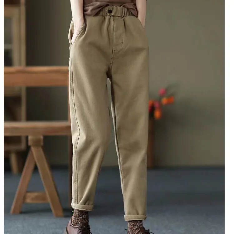

Autumn and Winter Thick Cotton Pants Casual Women Elastic Waist Plus Cashmere Harem Fashion Long Women's