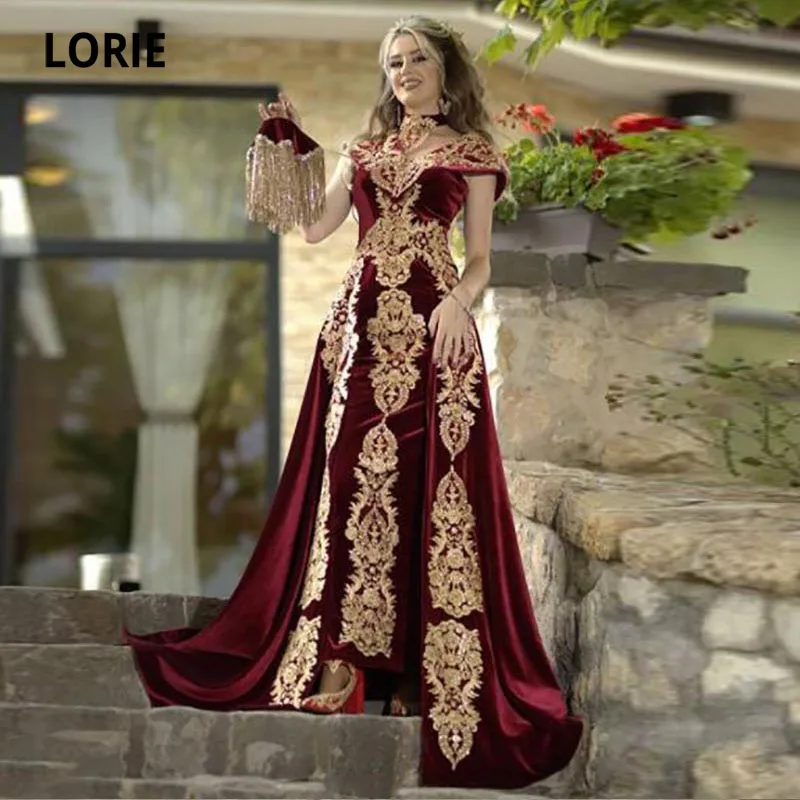 LORIE Burgundy Evening Dress with Detachable Skirt Appliques Caftan Marocain Robe De Reveillon Velvet Women Prom Party Gowns (0)