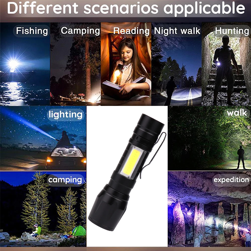 

Portable USB Rechargeable Flashlight COB Sidelight Flashlight Built-in Battery Torch Zoomable Hand Light Camping Flashlight