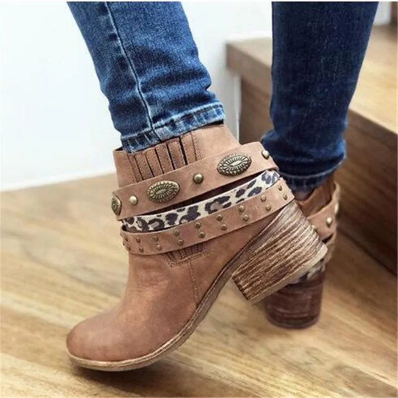 

Winter Women Biker Ankle Boots PU Leather Metal Decoration High Heel Rubber Round Toe Black Platform Ladies Shoes Botas Mujer