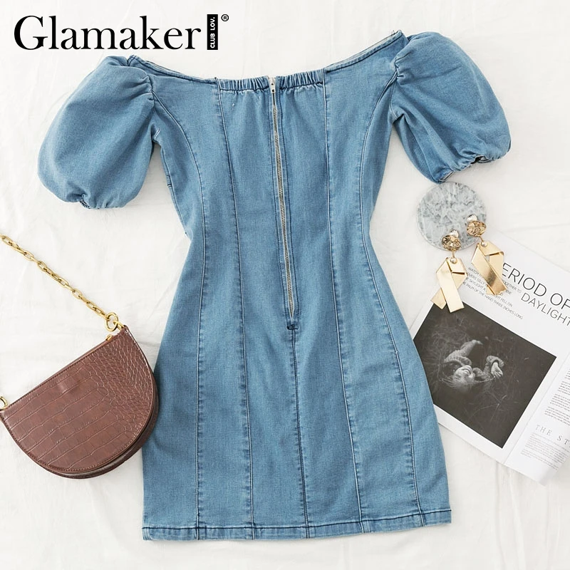 Glamaker, сексуальное облегающее синее джинсовое платье с открытыми плечами, женское осеннее джинсовое платье с пышными рукавами, женские вечерние короткие платья в стиле ретро, vestidos