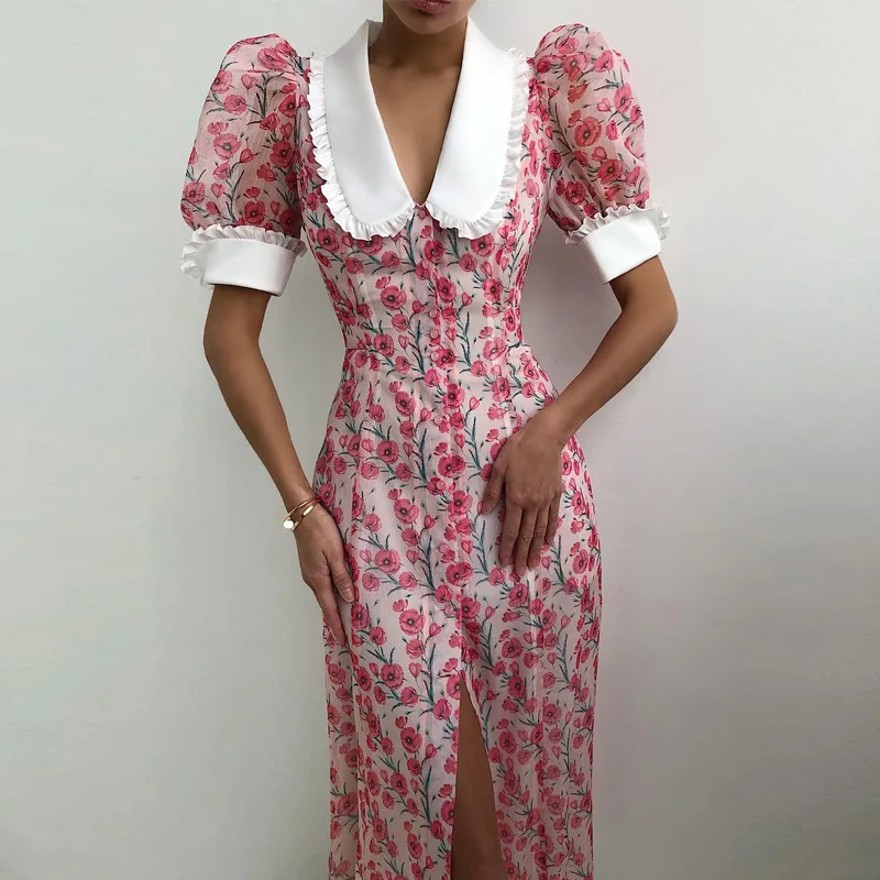 

2021 Summer Elegant Dress V-neck Button Long Party Dress Ladies Bubble Shoulder A-line Dress Mesh Short-sleeved Slit Long Dress