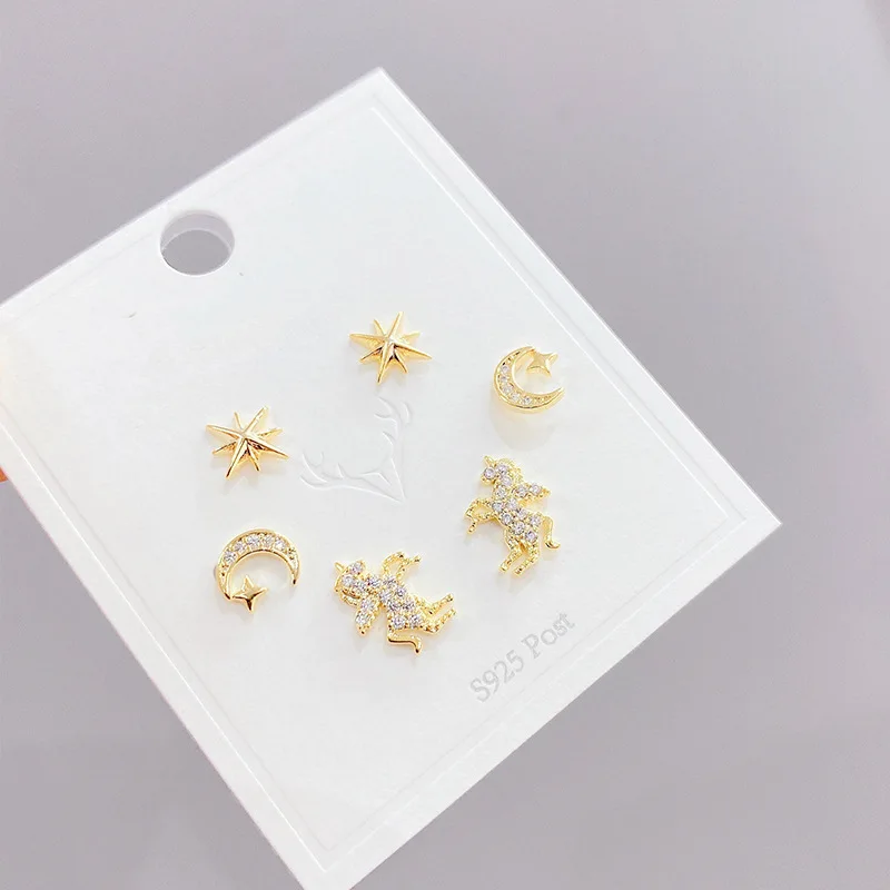 

SIPENGJEL New Trendy Cute Star And Moon Stud Earrings Sets Simple Animal Unicorn 6 Pcs Earrings For Women Fashion Jewelry