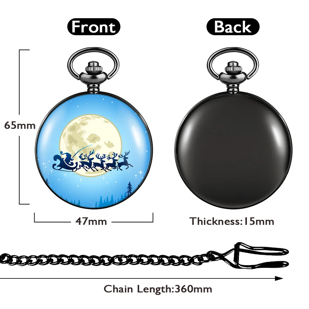 Christmas Eve Pocket Watch Set Quartz Black Pocket Clock Arabic Numerals Dial Pendant Alloy Necklace Gift Box for Son Daughter