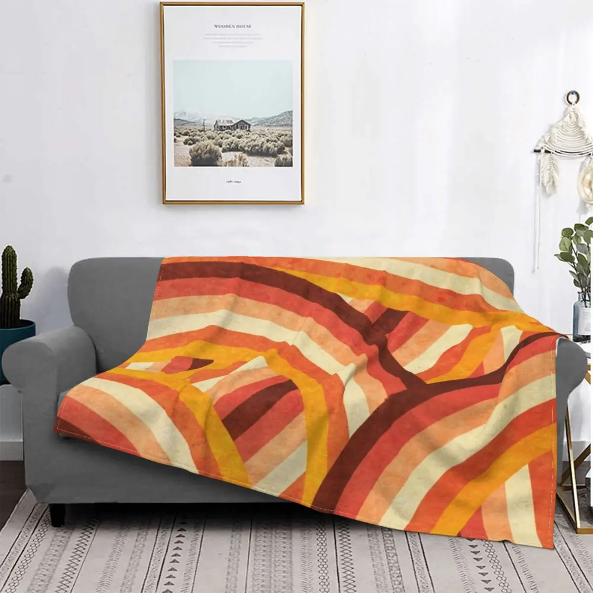 

Manta de lana con rayas de arcoíris para cama, cobertor de lana ligero y transpirable, estilo bohemio Vintage, naranja, años 70,