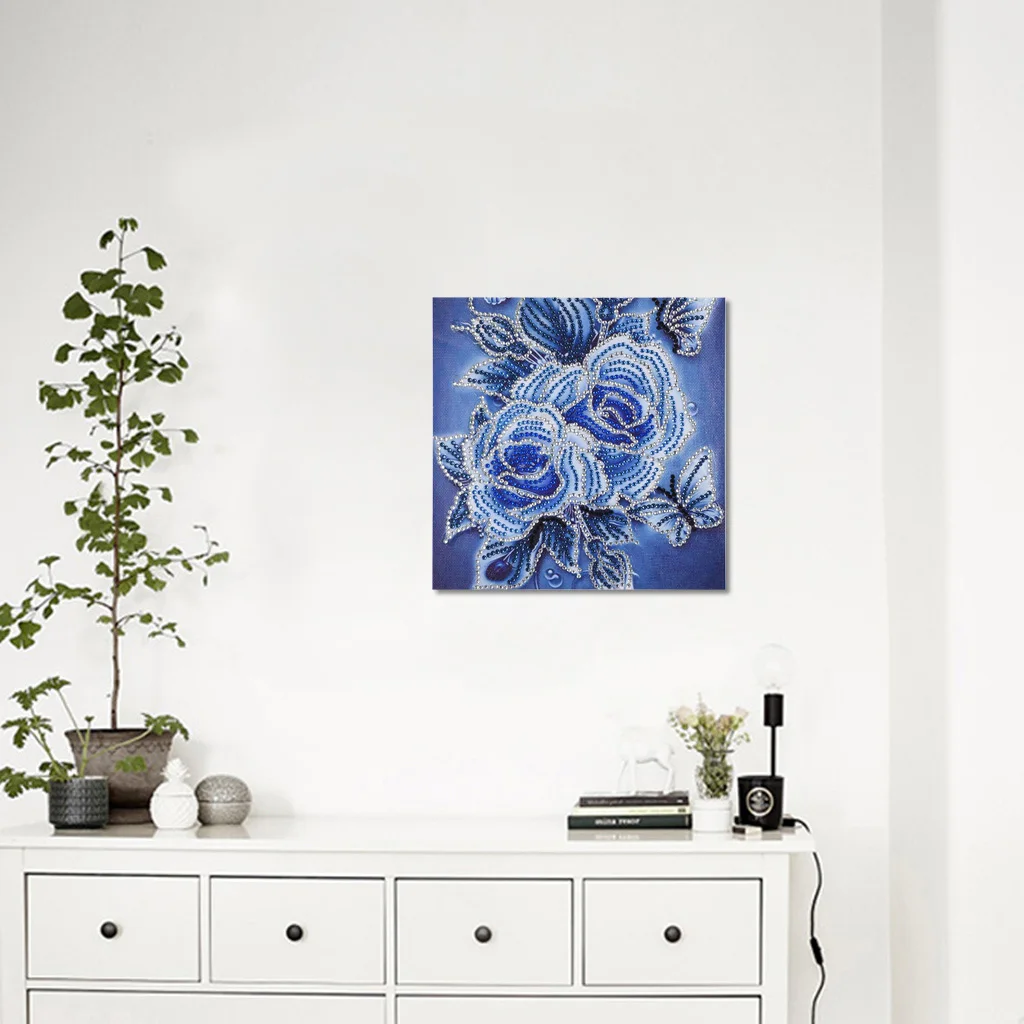 Алмазная картина в особой форме голубая роза цветок Бабочка Современный Узор