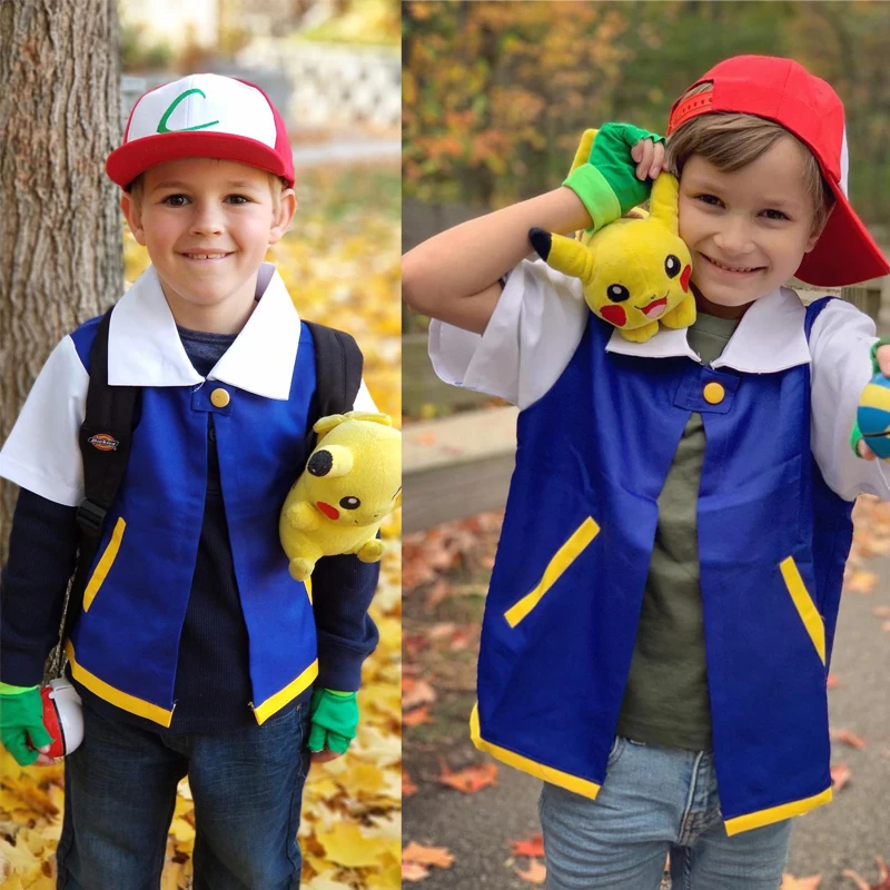 Костюм для косплея женщины и мужчины Pokemon Ash Ketchum из аниме синяя куртка головной