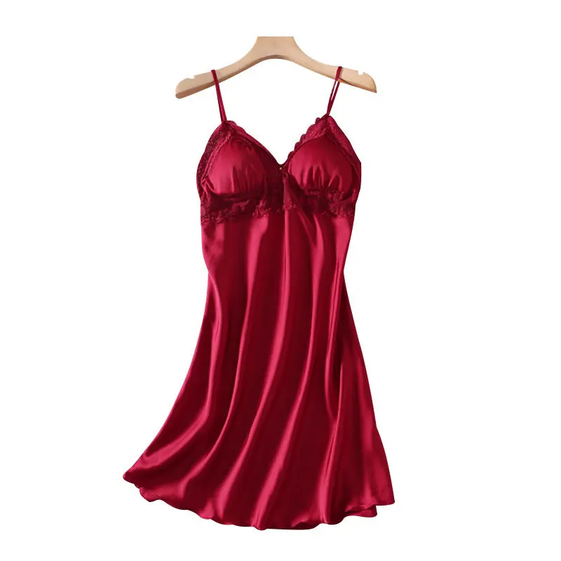 

Lace Strap Nightdress Sexy Womens Satin Nightgown Summer V-Neck Nighty Gown Lounge Nightwear Chest Pads Sleepwear Home Dress