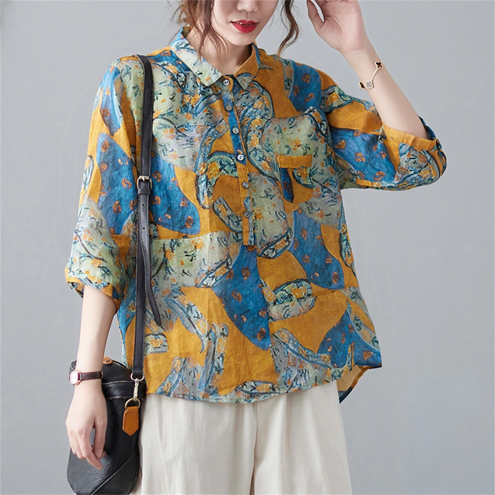 

Summer Cotton And Linen Retro Wild Woman Shirt Fashion Casual Polo Collar Shirt Loose And Comfortable Printed Temperament Shirt