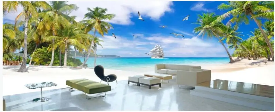 

WDBH Custom photo 3d wallpaper Large size sea view seagull coconut tree sailing scenery 3d wall murals wallpaper for walls 3 d