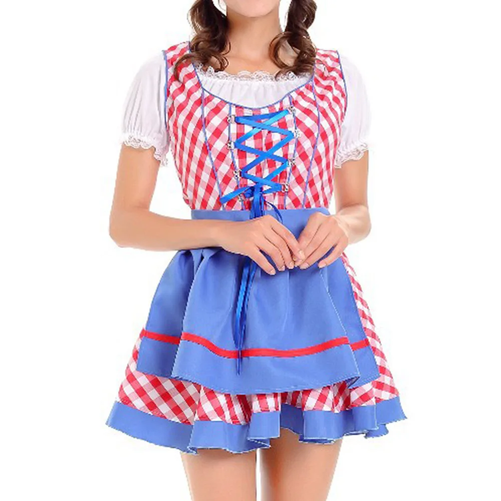 

Oktoberfest Plaid Print Pullover Spring Autumn Short Casual Women Round Neck Short Sleeve Waitress Party Dress Cosplay Halloween