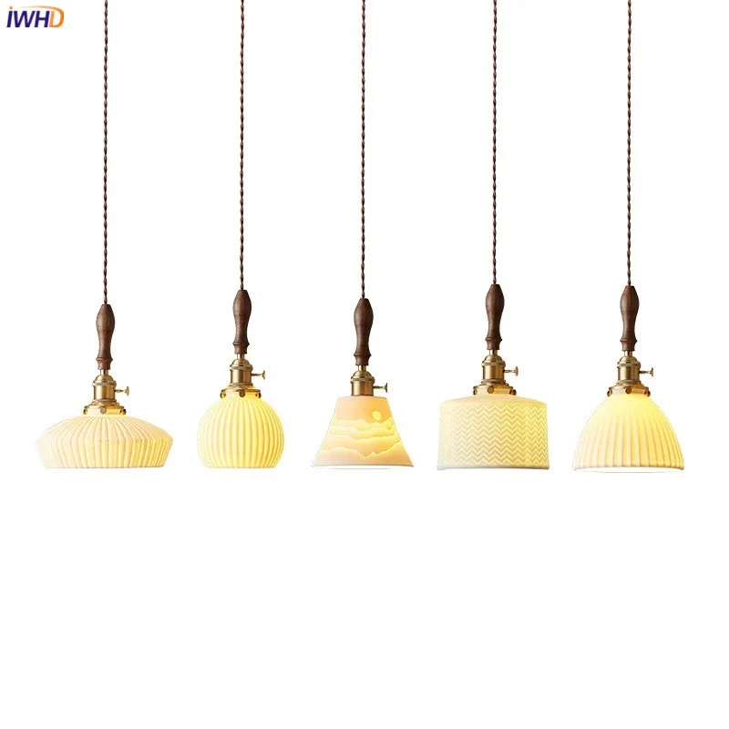 

IWHD Modern White Ceramic LED Pendant Lamp Bedrom Living Dinning Room Hanglamp Wooden Copper Nordic Hanging Light Luminaria