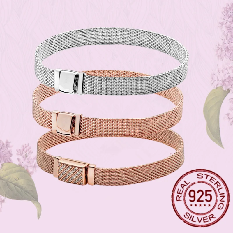 

2021 New 925 Sterling Silver Fashion Rose gold Luxury Bracelet Sparkling Blue Disc Clasp Snake Chain Bracelet Women Jewelry