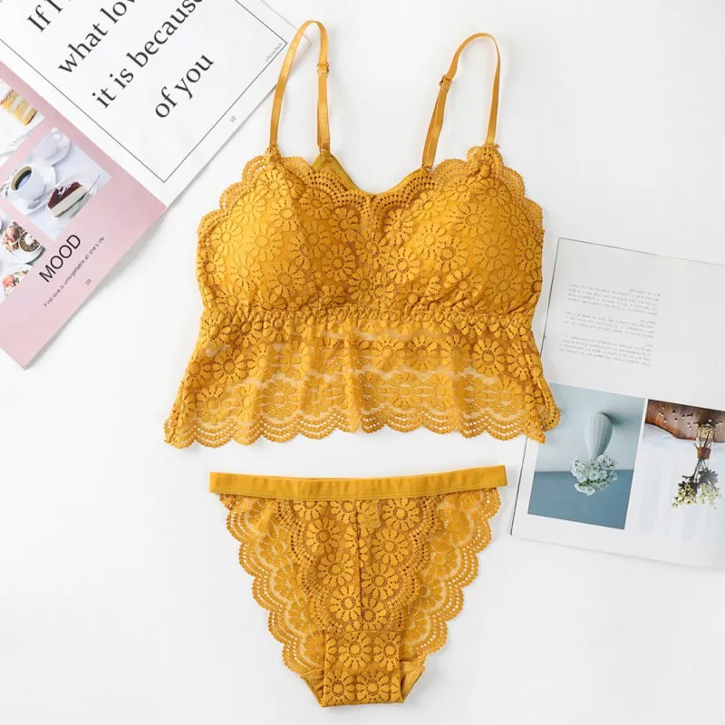 

Women Bra Sets Lace Gathered Camisole Bottoming Underwear Set Solid Color Jacquard Bra + Lace Briefs