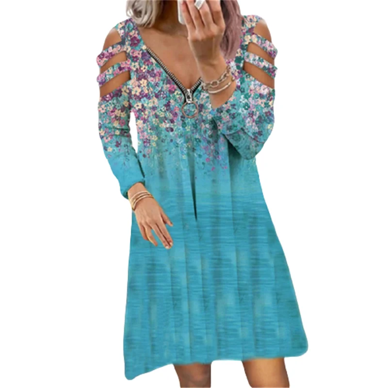 

Vintage Floral Print Dress Women Sexy V-neck Zipper Long Sleeve Off Shoulder A-line Dress Streetwear Casual Loose Dress Vestidos