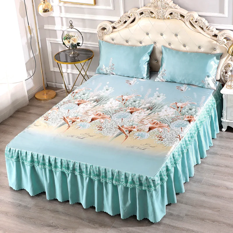 

2 Or 3pcs Bed Skirt Set Viscose Fiber Summer Cool Feeling Lace Decor Flower Printed Mattress Cover For 1.5/1.8/2.0M Home Textile