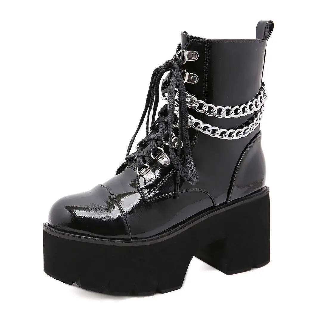 

High heeled boots autumn winter 2020 new fashion patent leather thick bottom round head thick heel short boots chain