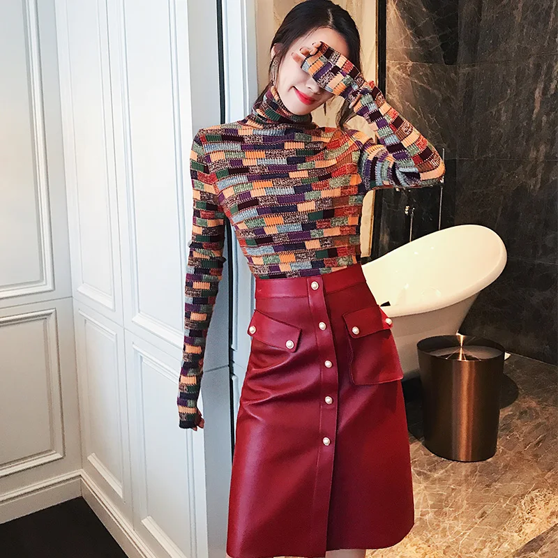 Женский шерстяной свитер с высоким воротником облегающий пуловер контрастной