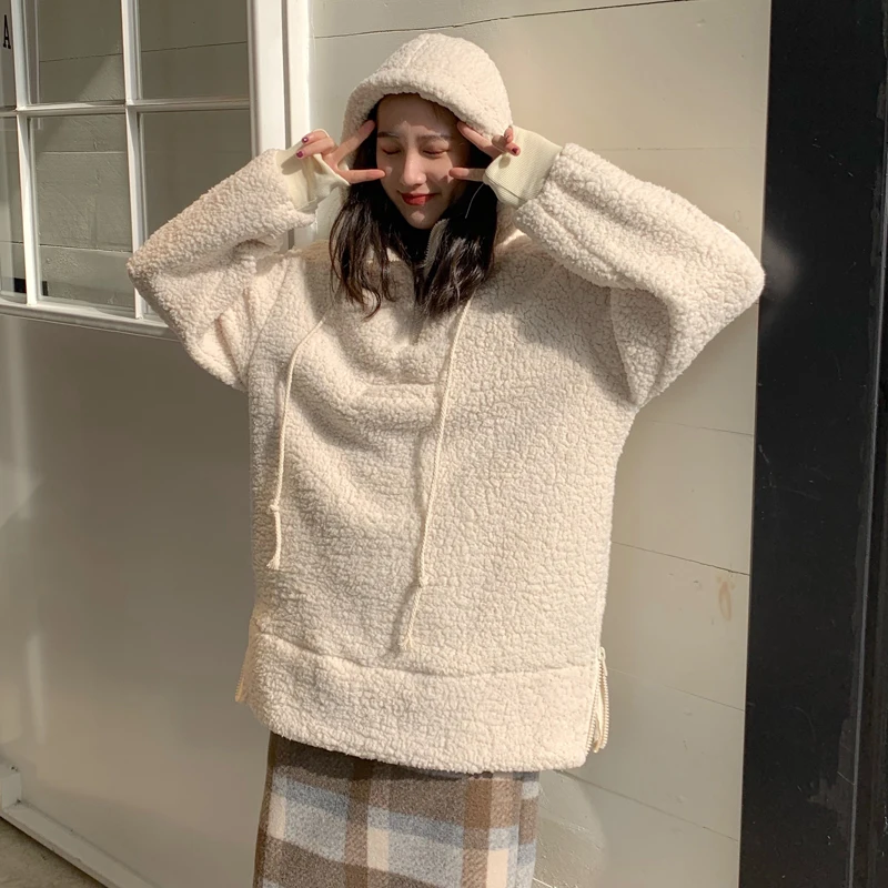 

2019 Fashion new Korean plush hooded autumn and winter long thick loose women Loose Casual Sweatshirt