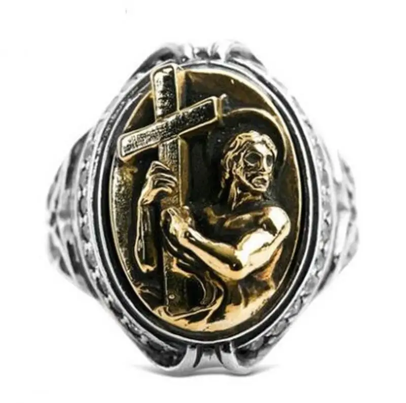 

Vintage Man Holding A Cross High Quality Metal Ring Men Religious Style Punk Jewelry