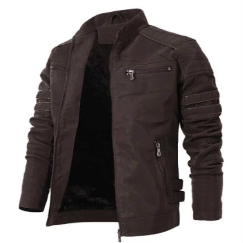 

Модная зимняя кожаная куртка для мужчин с воротником-стойкой, мотоциклетная потертая Ретро велюровая кожаная куртка, европейский размер, м...