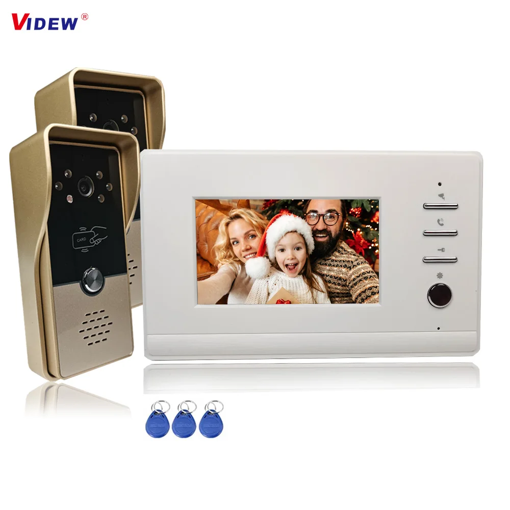 VIDEW 4 Wired Video Door Phone Intercom System RFID Unlock Camera Doorbell 4.3 Inch Monitor Night Vision Door Entry for Villa