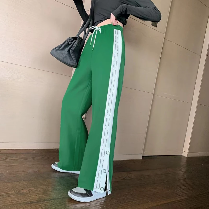 

116951 Autumn New Fashion Classic Drawcord Letter Logo Brand Luxury Design Webbing Button Leg Wide Leg Trousers Women Pants A2