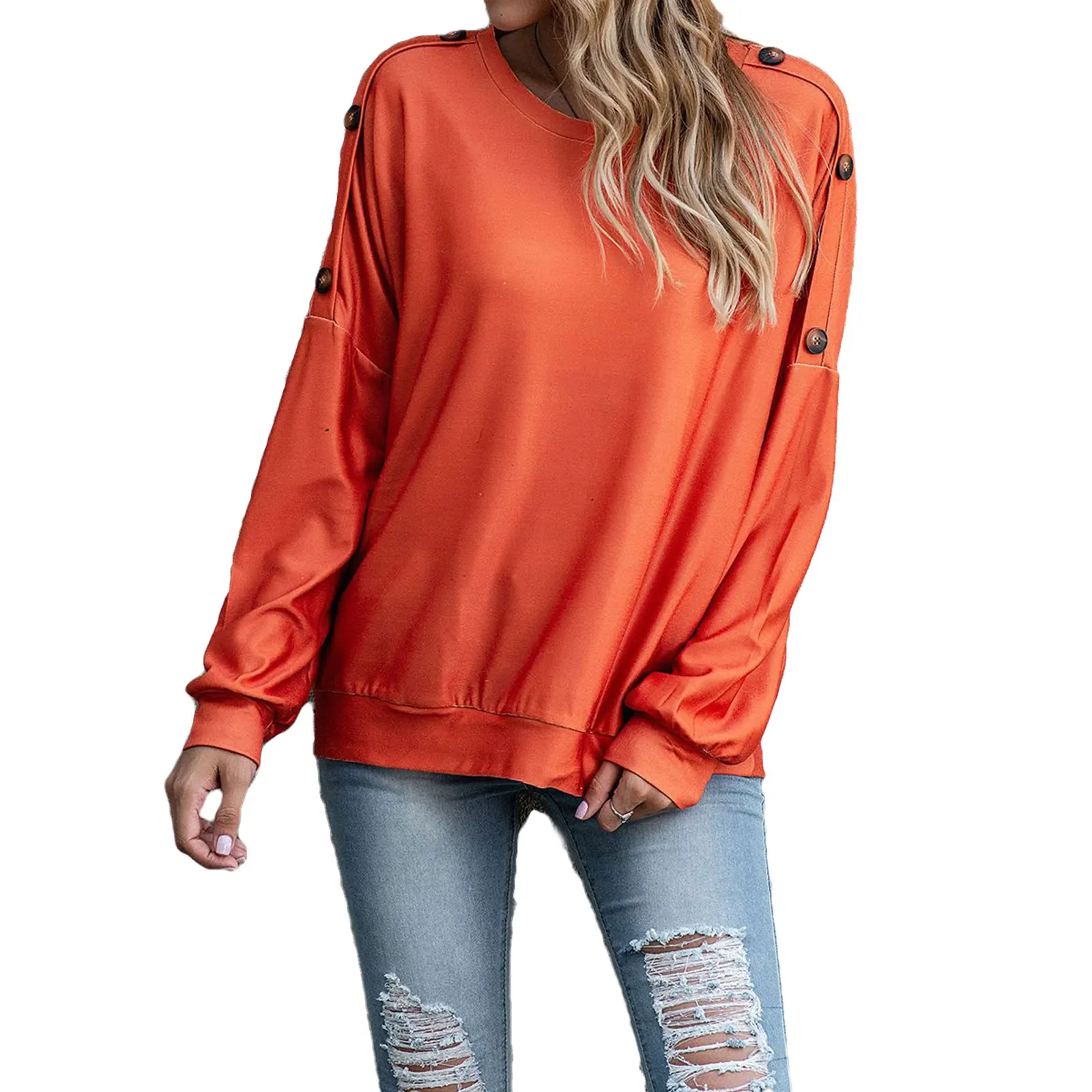 

Women's Fall Shirt, Long-Sleeved Top, Solid Color Elastic Party Round Neck Loose Warm Shoulder Buttons Clothes