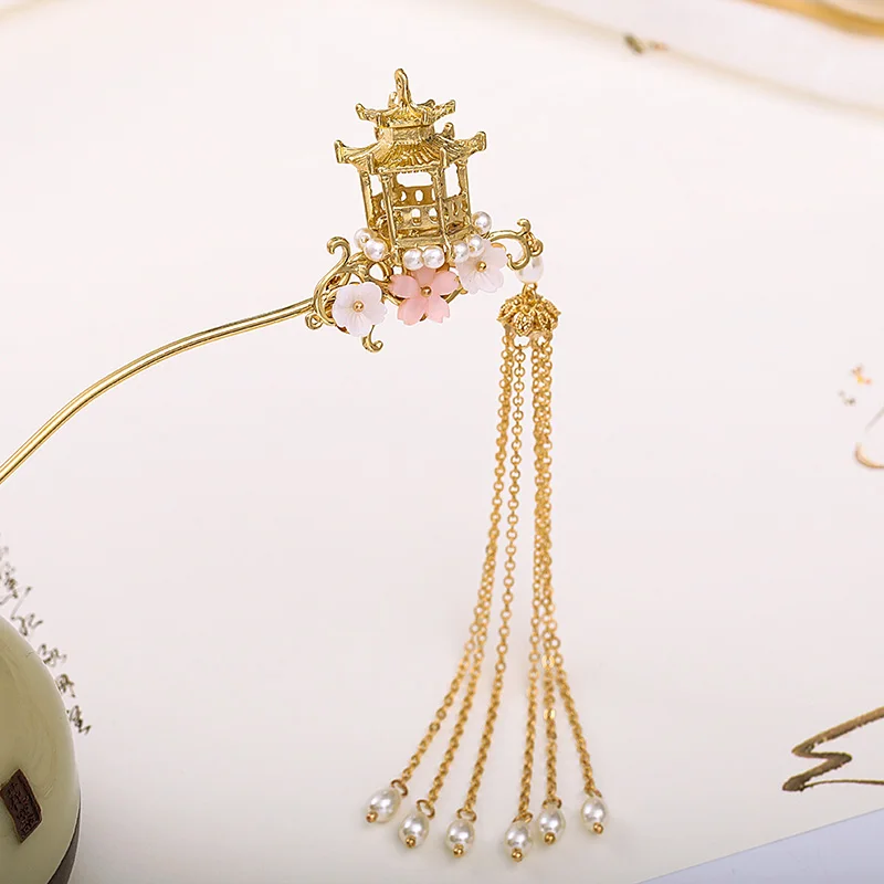 New Chinese Hanfu Dress Hairpins Clips Flower Pearls Gold Color Long Tassels Hair Fork Sticks Headpieces for Women Girls | Украшения и