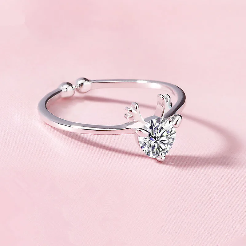 

S925 Siliver Christmas Antlers Elk Zircon Ring Women Opening Adjustable 2021 Fashion Jewelry Gift