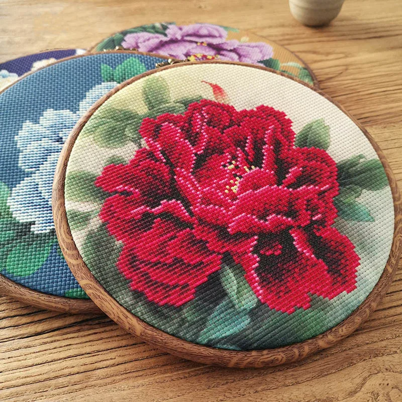 Punto de cruz de flor de peonía china con aro para principiantes, Kit de pintura de bordado artesanal, bordado de costura artesanal hecho a mano