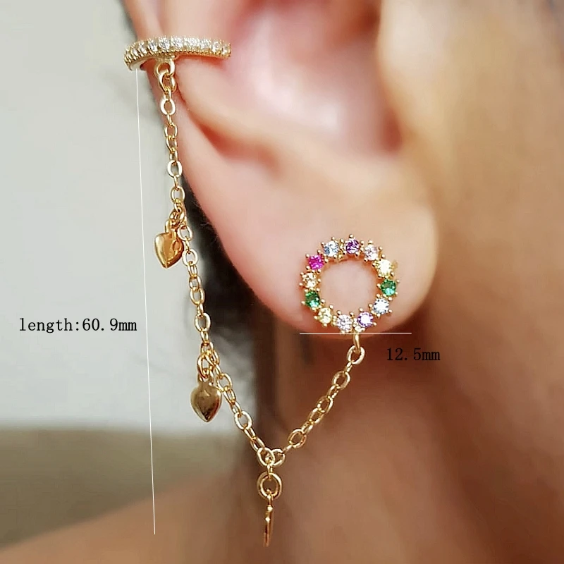 

Rainbow Zirconia Round Earring Gold Color Copper Small Heart Tassel Long Chain Clip On Earrings Boho Earrings Set Women Fashion