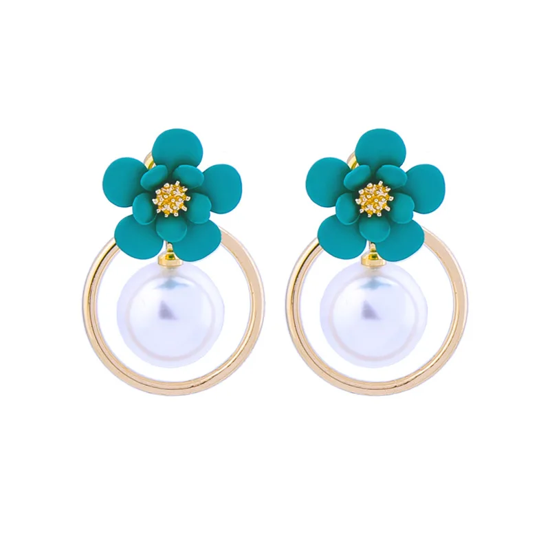 Fashion Drop Earrings For Women Ins Cute Sweet Gold Color Circle Light Blue Enamel Petals Flowers Acrylic Pearl Dangle Earring Jewelry Accessory