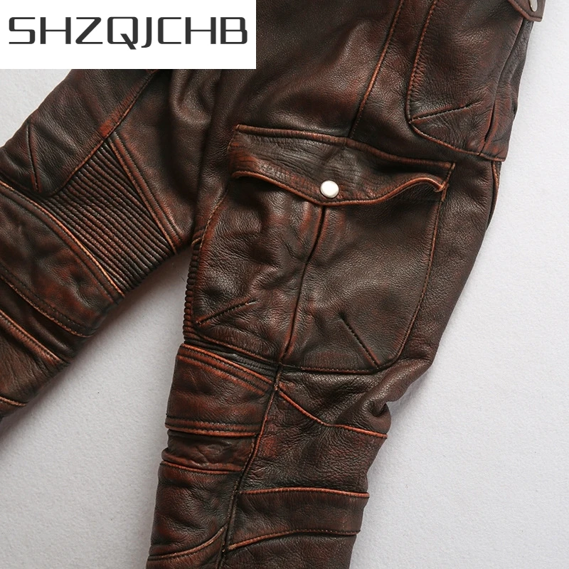 

JCHB 2021 Men Genuine Leather Pants Slim Fit Motorcycle Biker Cowhide Pencil Pants Autumn Winter New Vintage Pleated Cargo Trous