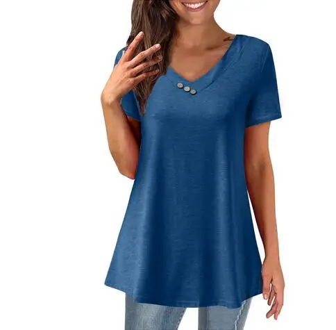 

Женская Повседневная рубашка с коротким рукавом, блузки с V-образным вырезом, туника, топы, Новинка лета 2021, женские удобные универсальные то...
