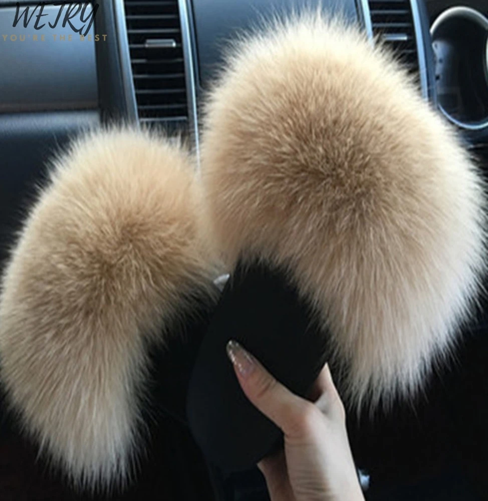 Fox Fur Slides Г., шлепанцы с натуральным лисьим мехом пушистые шлепанцы с мехом лисы Мягкие плюшевые меховые шлепанцы Летняя женская обувь - Цвет: Fox Fur Slides