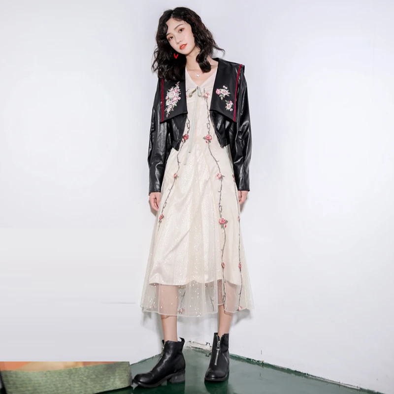 Fashion Women Floral Embroidered Soft Leather Jacket 2020 Spring Autumn Big collar Faux PU Coats Chic Black YNZZU 9O173 | Женская одежда