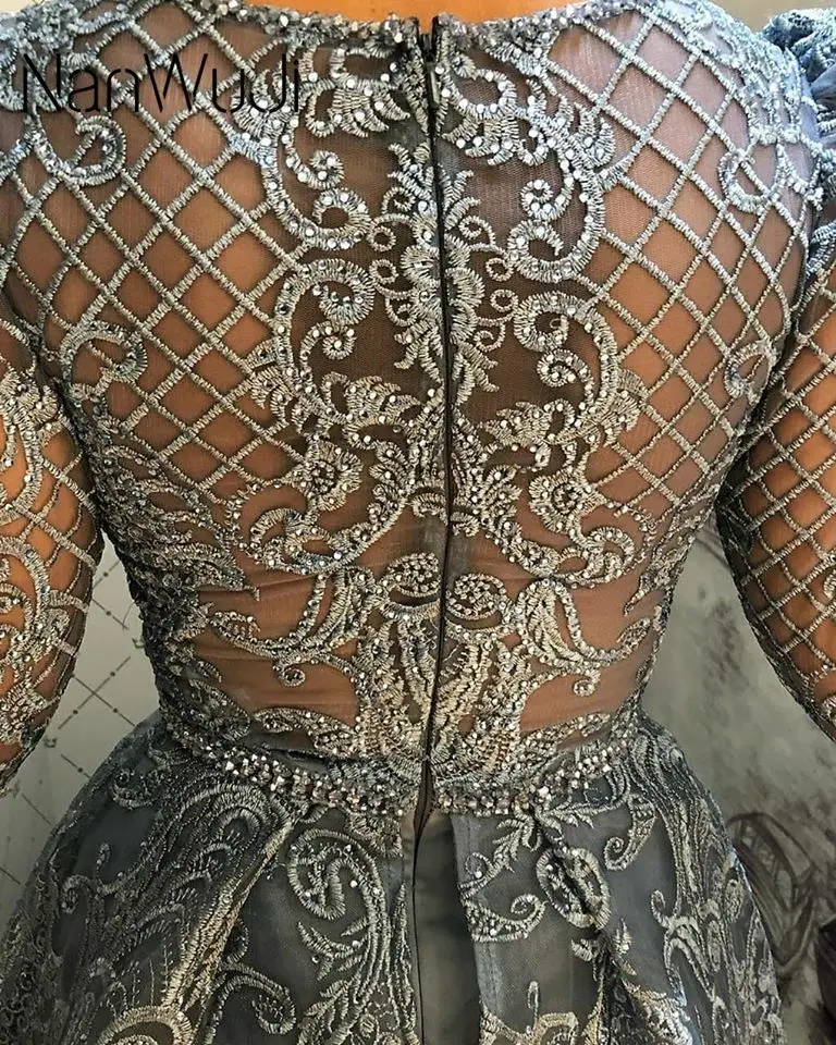 

New Detachable Train 2019 Dubai Full Lace Long Sleeves Evening Dress Mermaid Crystal Handmade Blue Arabic Formal Party Gown