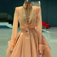 luxury pink ball gown evening dresses tulle high neck long sleeves satin crystals beaded women pageant prom dressing gowns