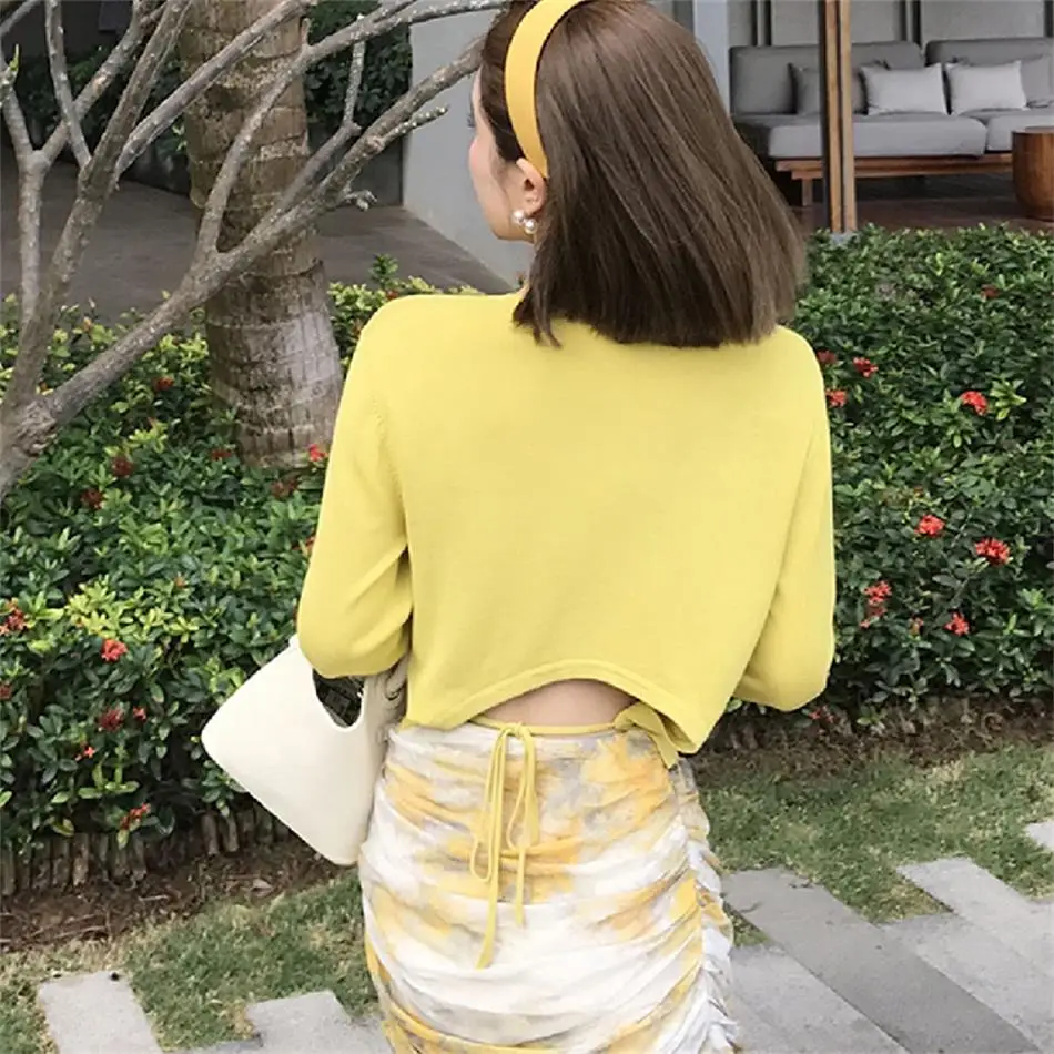 

Spring Fashion O-neck Women Knitted Sweater Solid Lace Up Sexy Open Waist Long Sleeved Cardigan Lim-Fit Short Buttons Female Top