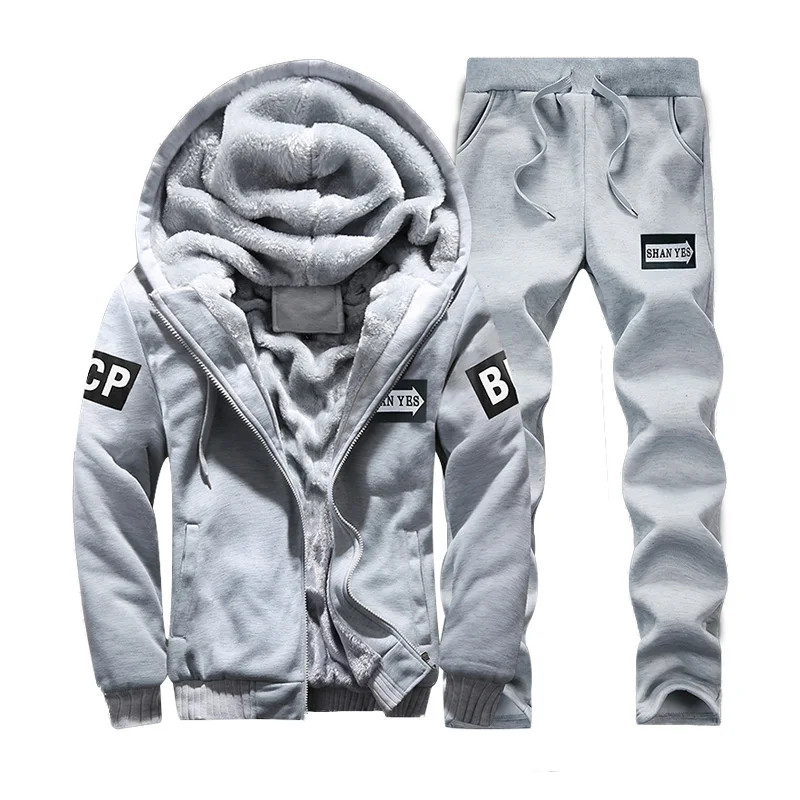 3 lightgrey Зимние флисовые толстовки для мужчин повседневные теплые толстовки с капюшоном мужской утолщенный спортивный костюм 2 шт. куртка+ брюки мужские Moleton Masculino - Цвет: 3 lightgrey