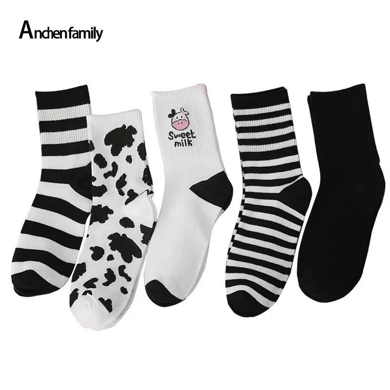 

2021 Lovely Harajuku Japanese Style Cotton Women Socks Striped Solid Breathable Casual Cartoon SocksArrivals Cow Printed Socks