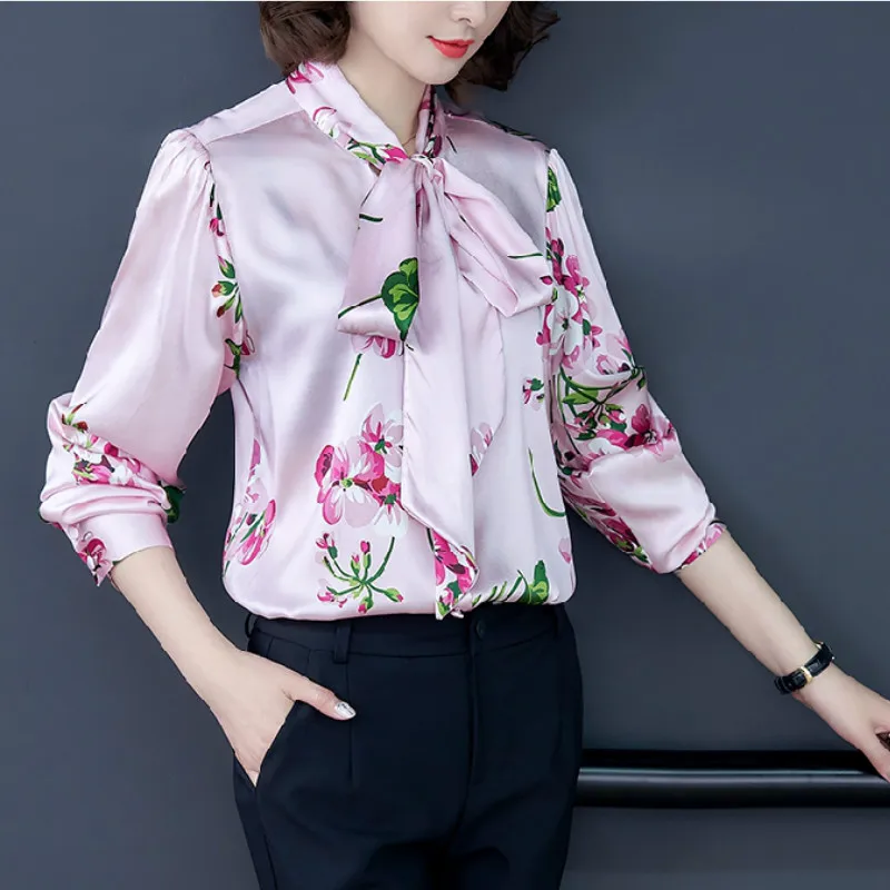 

Осенние женские рубашки с цветочным принтом, женские свободные атласные блузки с цветочным рисунком, топы с бантом