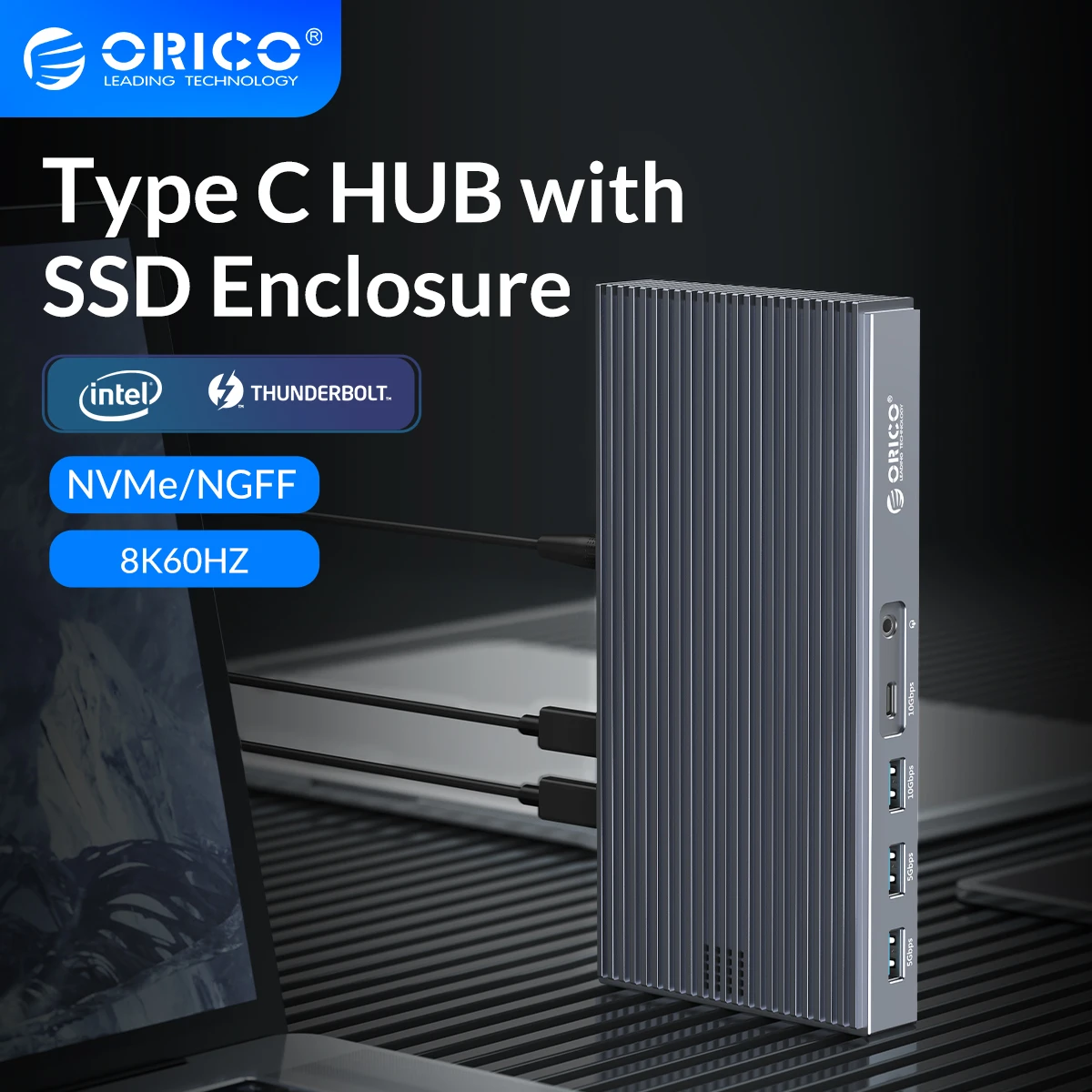 

ORICO Thunderbolt 3 40Gbps Type USB C HUB with M.2 NVME NGFF SSD Enclosure Docking Station 8K@60Hz 10Gbps Data 24V Power Adapter