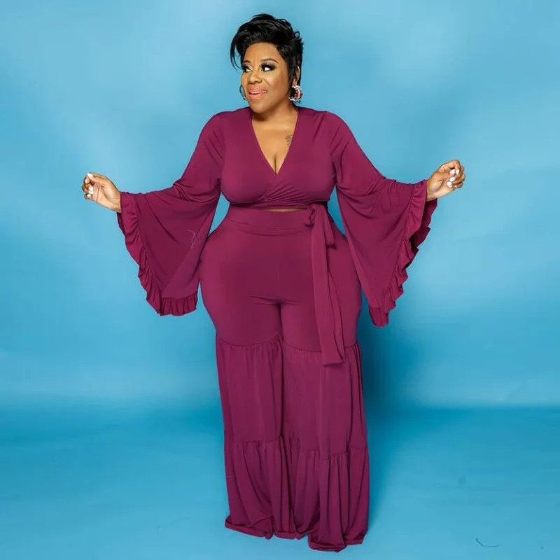 

New Rose Red Plus Size Two Piece Set Women Clothes Flared Sleeve Lace Up Crop Top Long Pants Matching Sets Autumn Loose Outfits