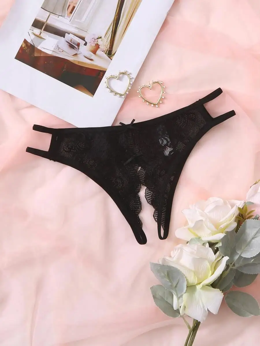 

Floral Lace Bow Decor Crotchless Panty