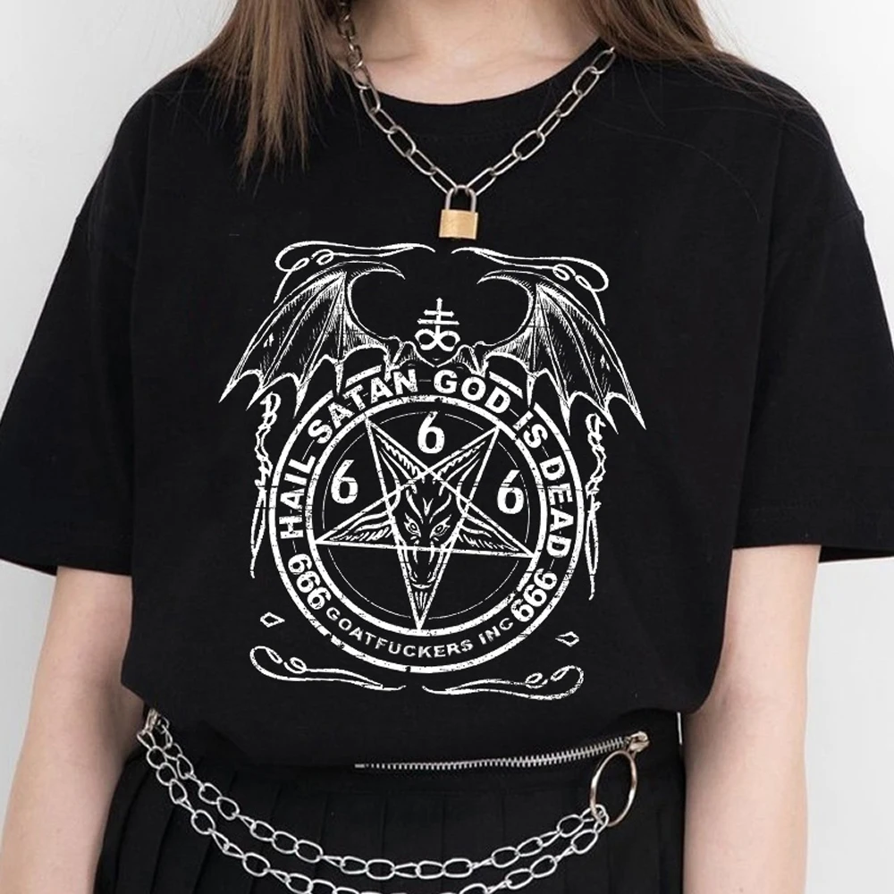 Женская футболка с надписью Hail Satan God Is Dead Готическая хлопковая унисекс коротким